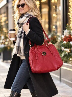 Elliott Lucca Red Pebbled Leather Satchel Bag Crossbody Gold Hardware